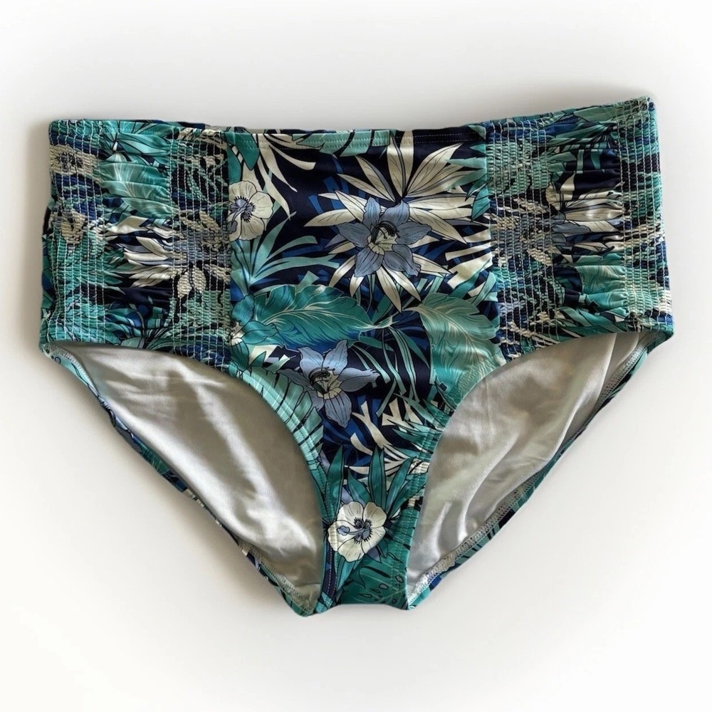 Tommy Hilfiger Bikini Bottoms Womens Large Teal Tropical Floral High Waist Beach